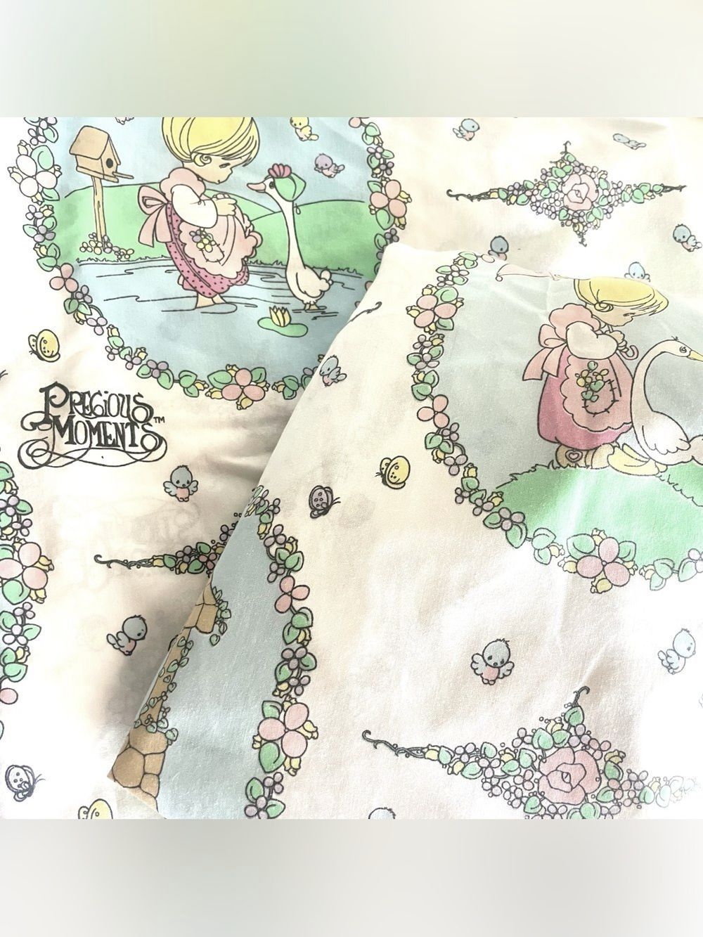 Vtg Precious Moments Twin Fitted & Flat Sheet  Girl Goose Duck 2pc